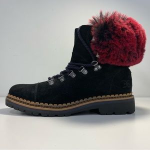 Sam Edelman Women's Bowen Black Leather Raspberry Wine Faux Fur Boots Size 7.5